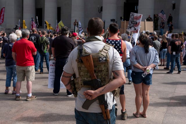 Gun rights activists protest gun control legislation at the Ohio State House on September 14, 2019 in Columbus, Ohio.