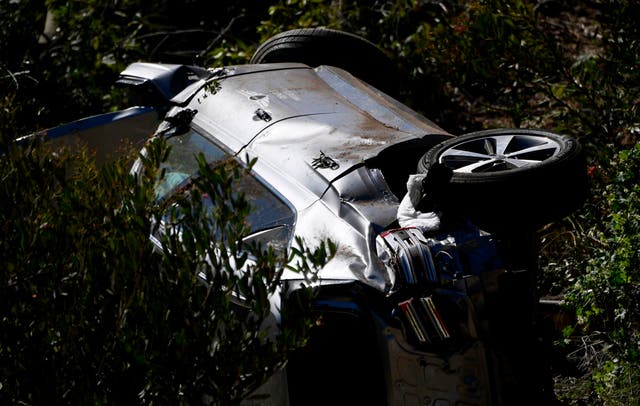 <p>The vehicle driven by golfer Tiger Woods lies on its side in Rancho Palos Verdes, California, on February 23, 2021, after a rollover accident</p>