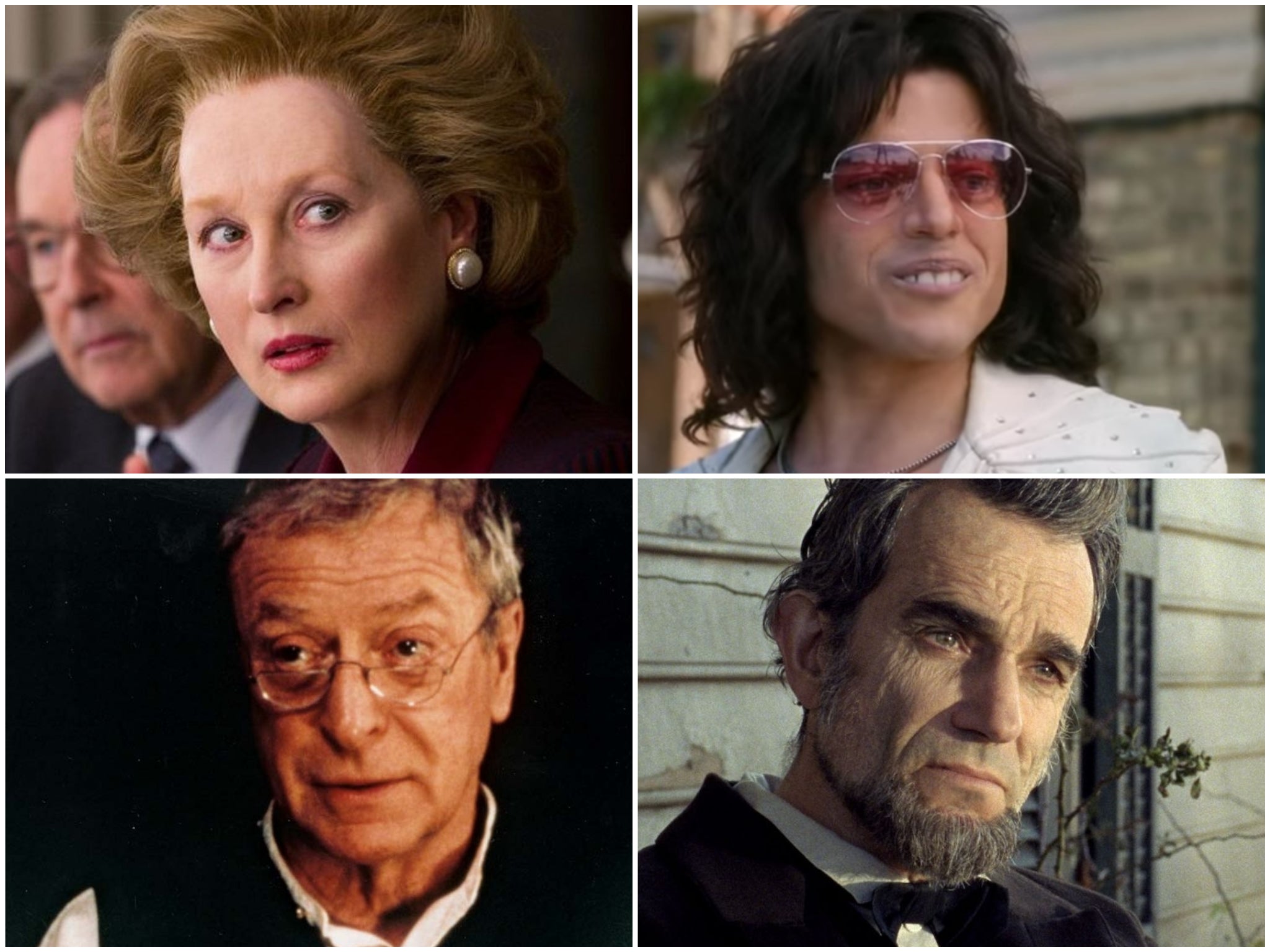 Clockwise from top right: Rami Malek, Daniel Day-Lewis, Michael Caine and Meryl Streep