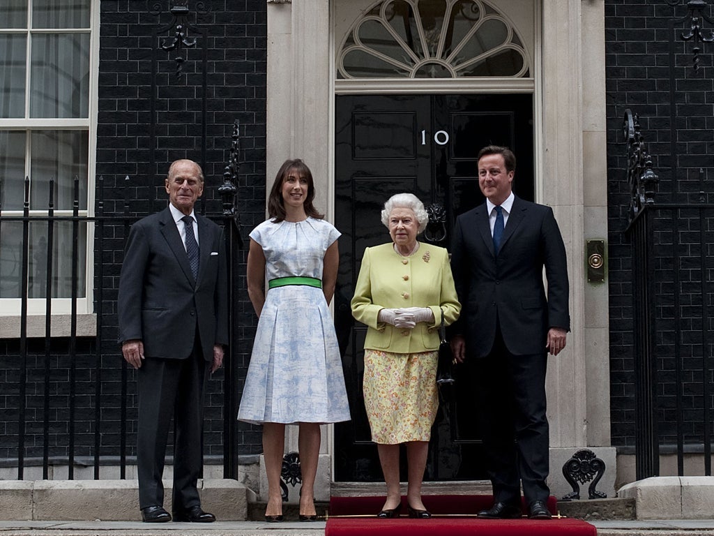 Queen Elizabeth II and Prince Philip in a rare visit to Downing Street. British Prime Minister David Cameron and his wife Samantha were hosting a lunch to celebrate Prince Philip's 90th birthday.