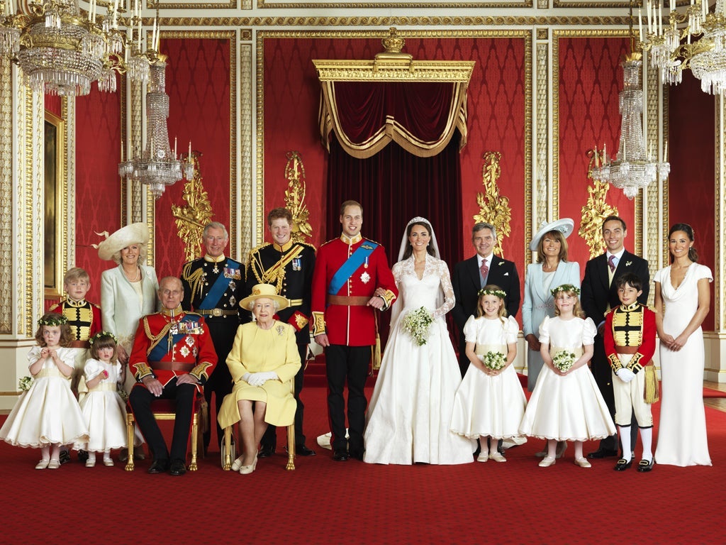 The official Royal Wedding group photograph in the throne room at Buckingham Palace with the Duke and Duchess of Cambridge. Front row (L-R): Grace van Cutsem, Eliza Lopes, Prince Philip Duke of Edinburgh, Queen Elizabeth II, Margarita Armstrong-Jones, Louise Windsor, William Lowther-Pinkerton. Back Row (L-R): Tom Pettifer, Camilla Duchess of Cornwall, Prince Charles, Prince Harry, Michael Middleton, Carole Middleton, James Middleton and Philippa Middleton