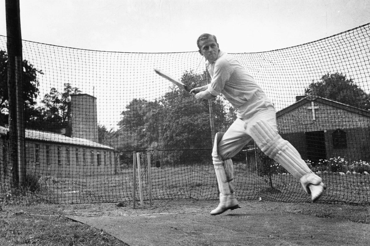 Philip Mountbatten, prior to his marriage to Princess Elizabeth, batting at the nets during cricket practice while in the Royal Navy, July 31st 1947