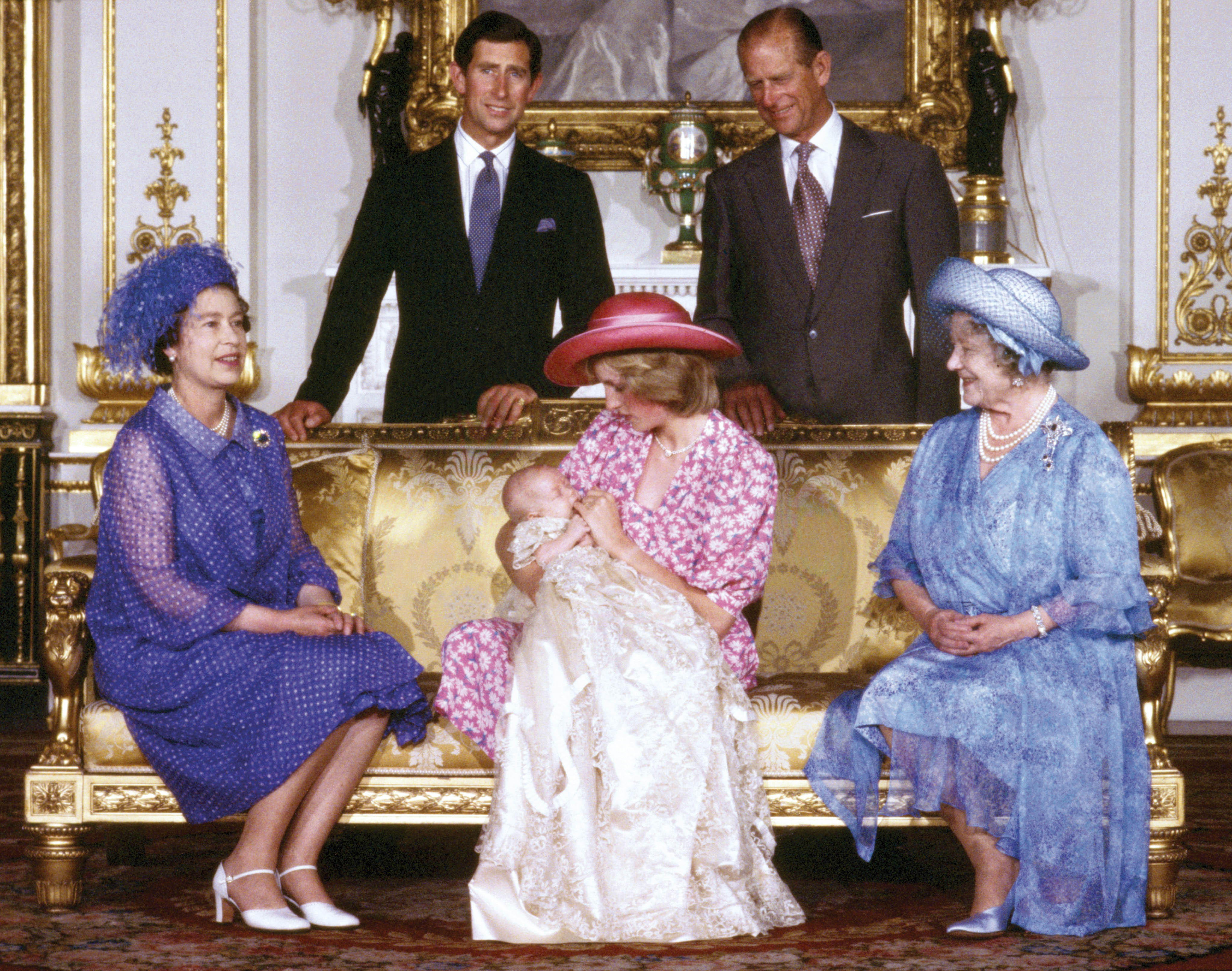4 August 1982: The Royal family at Buckingham Palace, London, on the day of Prince William's christening. Standing (from left): the Prince of Wales and the Duke of Edinburgh; seated (from left): Queen Elizabeth II, the Princess of Wales holding Prince William, and the Queen Mother