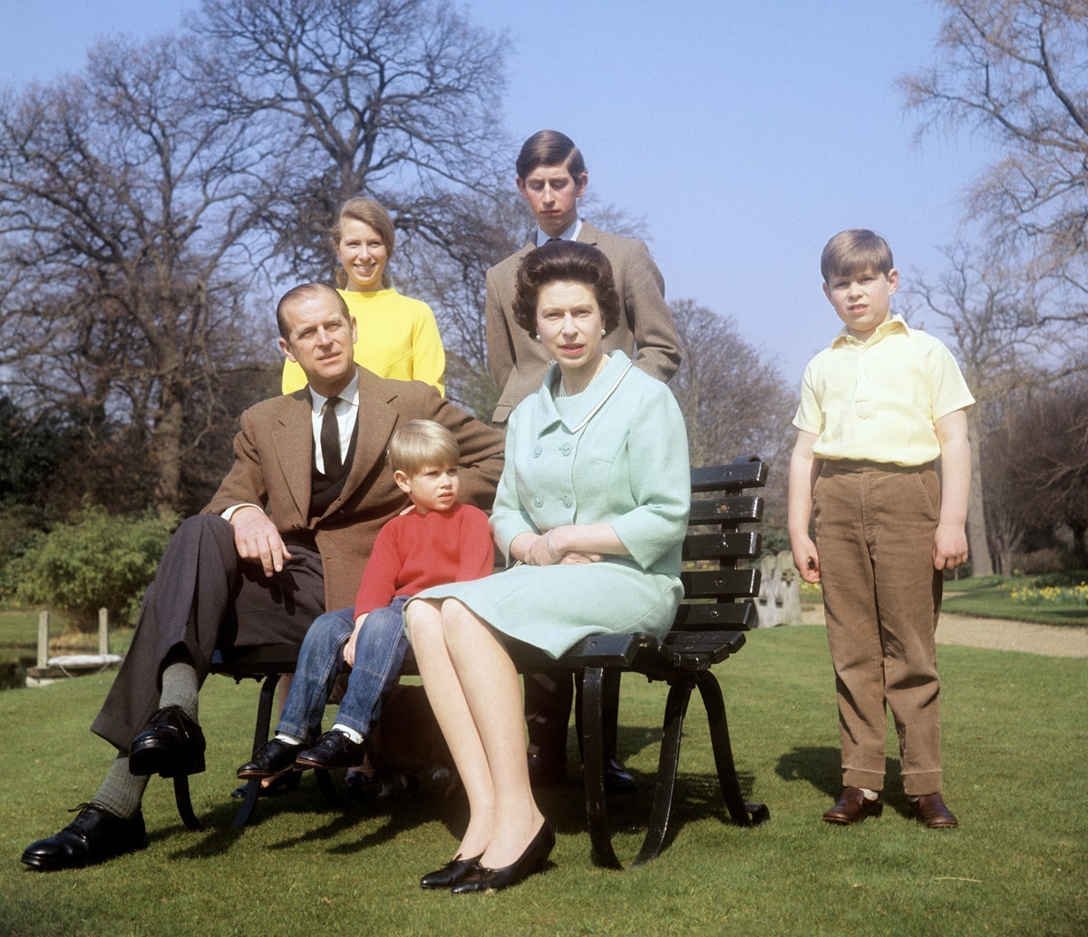 The Royal Family in the grounds of Frogmore House, Windsor, Berkshire. Left to right: Duke of Edinburgh, Princess Anne, Prince Edward, Queen Elizabeth II, Prince Charles (behind the Queen) and Prince Andrew
