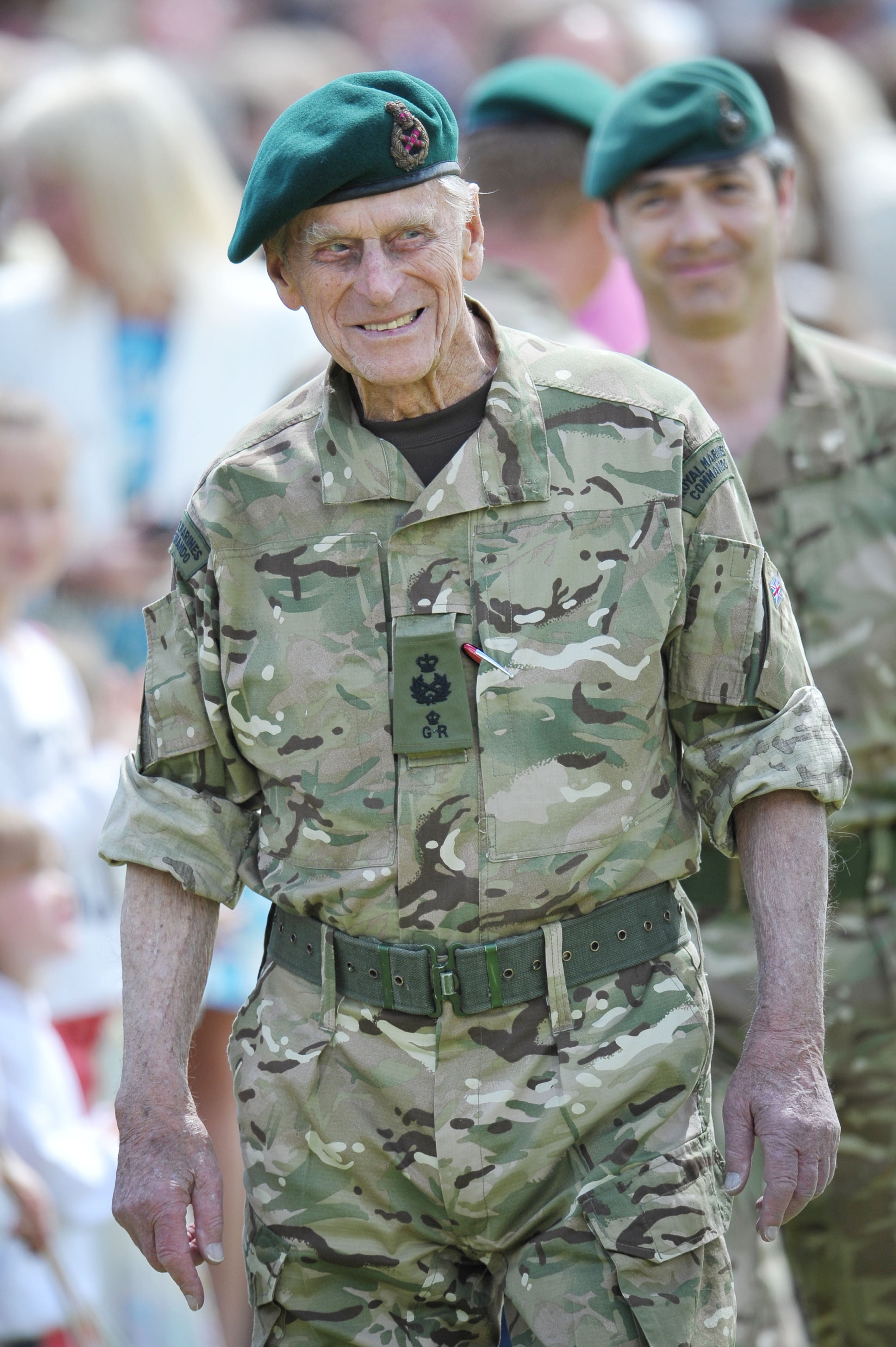 Prince Philip in 2013 awarding Afghanistan service medals at 40 Commando in Taunton.