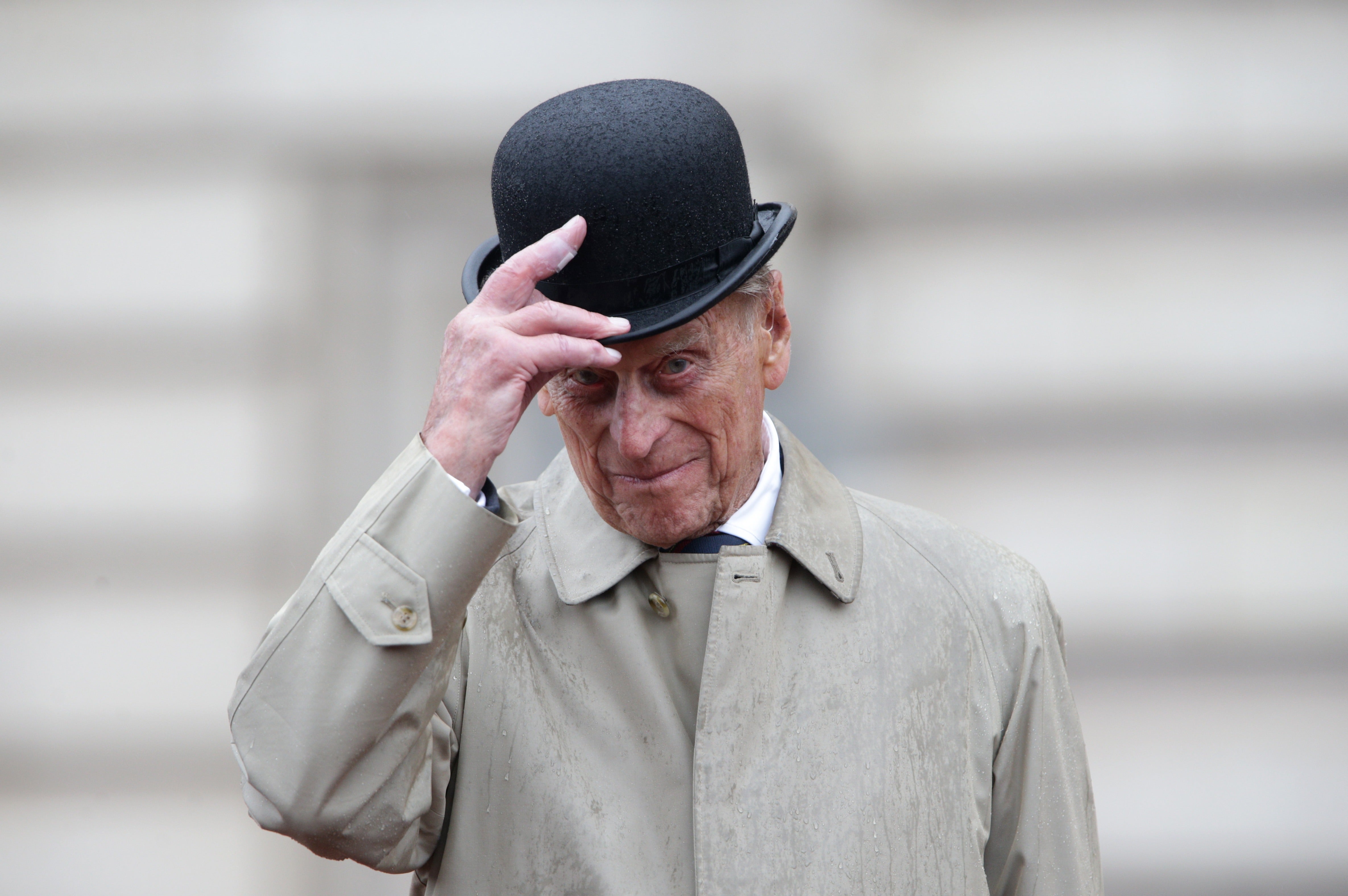 2 August 2017: Prince Philip, Duke of Edinburgh raises his hat in his role as Captain General, Royal Marines, makes his final individual public engagement as he attends a parade to mark the finale of the 1664 Global Challenge, on the Buckingham Palace Forecourt in London