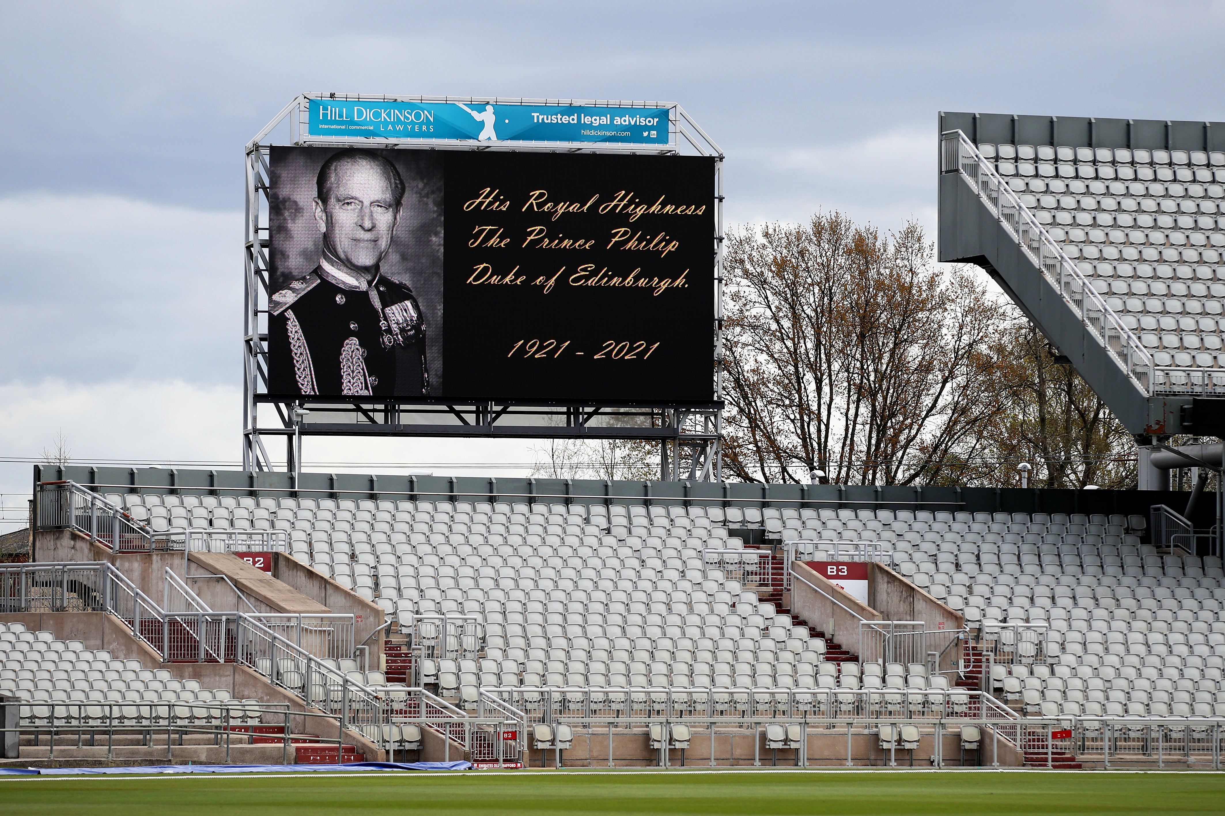 A screen at Sussex and Lancashire’s County Championship match, showing a tribute to Prince Philip