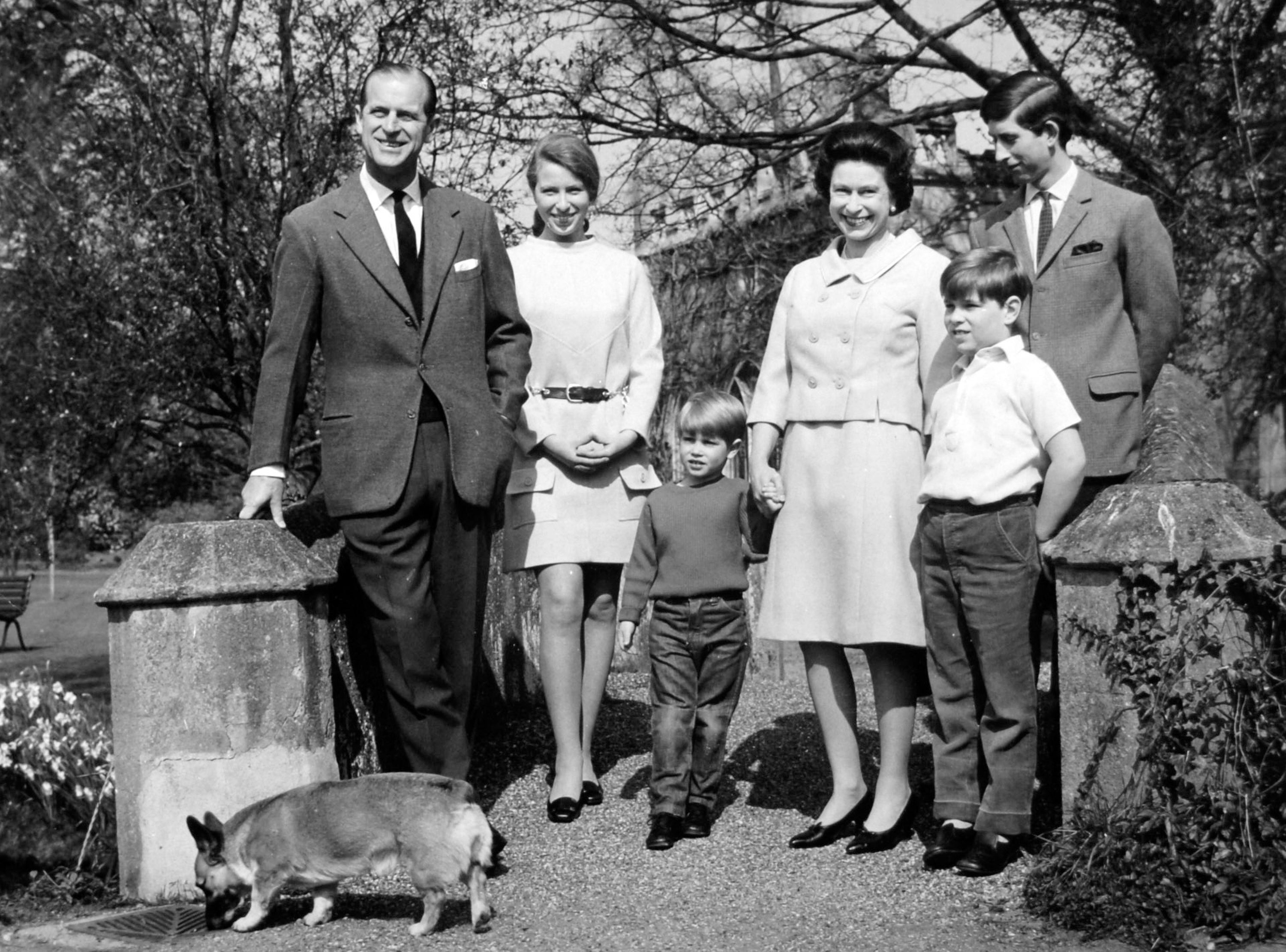 The royal family in the grounds of Frogmore House, Windsor, in April 1968. (From left): the Duke of Edinburgh, Princess Anne, Prince Edward, Queen Elizabeth II, Prince Andrew and Prince Charles