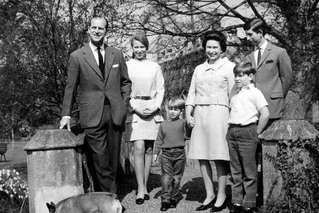 <p>The royal family in the grounds of Frogmore House, Windsor, in April 1968. (From left): the Duke of Edinburgh, Princess Anne, Prince Edward, Queen Elizabeth II, Prince Andrew and Prince Charles</p>