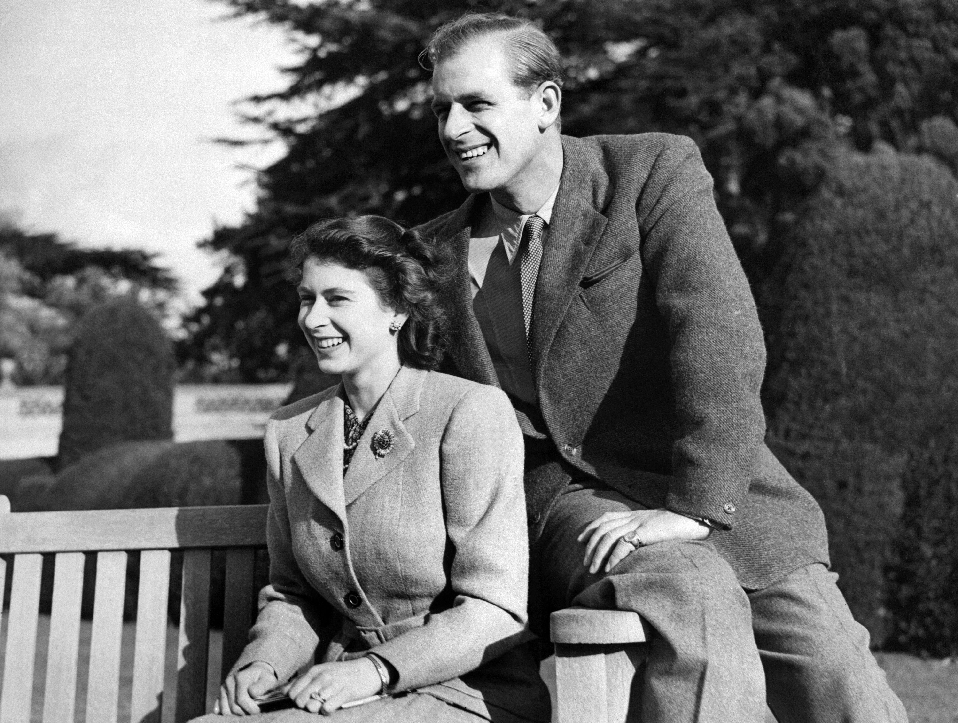 Posing during their honeymoon in 1947 on Broadlands estate, Hampshire