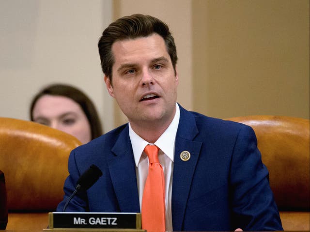 <p>Representative Matt Gaetz, R-FL, speaks during a House Judiciary Committee markup of the articles of impeachment against President Donald Trump, on Capitol Hill in Washington on 11 December 2019</p>