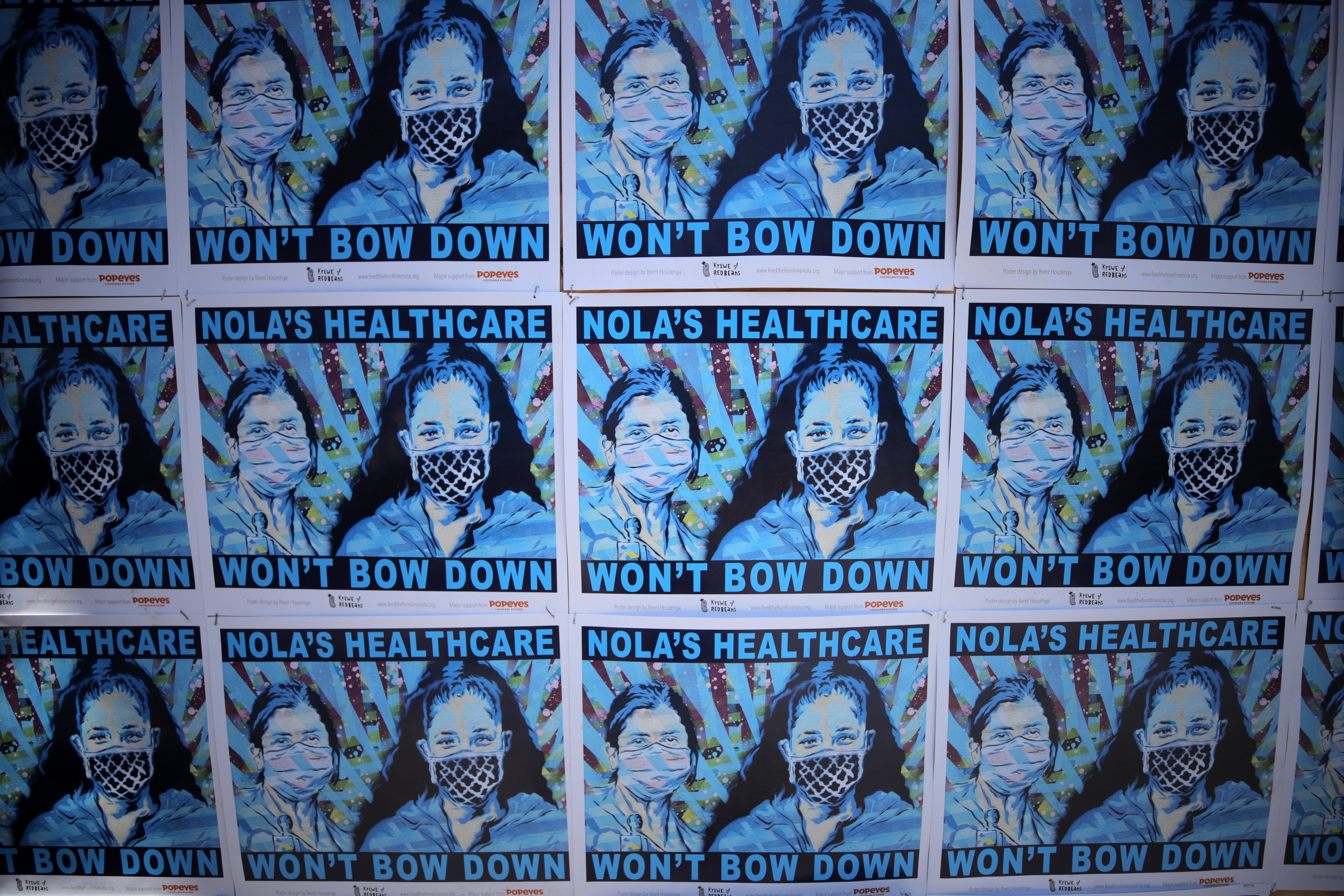 A poster for New Orleans healthcare workers is seen with the slogan 'Won't Bow Down' on Frenchmen Street on April 24, 2020 in New Orleans, Louisiana. The posters are being used to help pay for meals for hospital staff and support local artists due to the coronavirus (COVID-19) shutdown. (Photo by Chris Graythen/Getty Images)