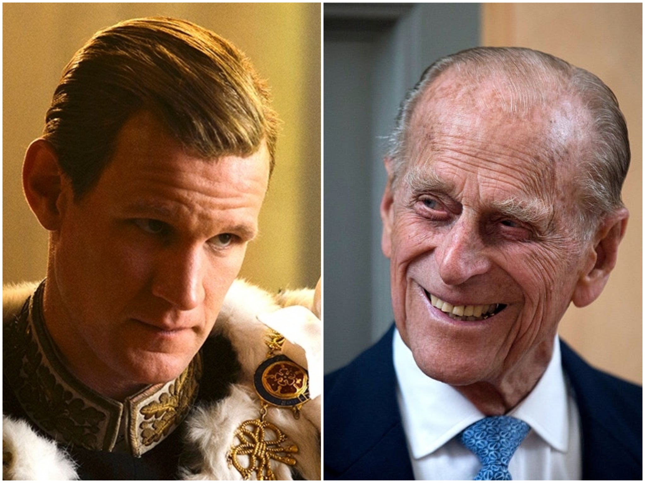 Matt Smith as Prince Philip in The Crown, and the real Prince Philip