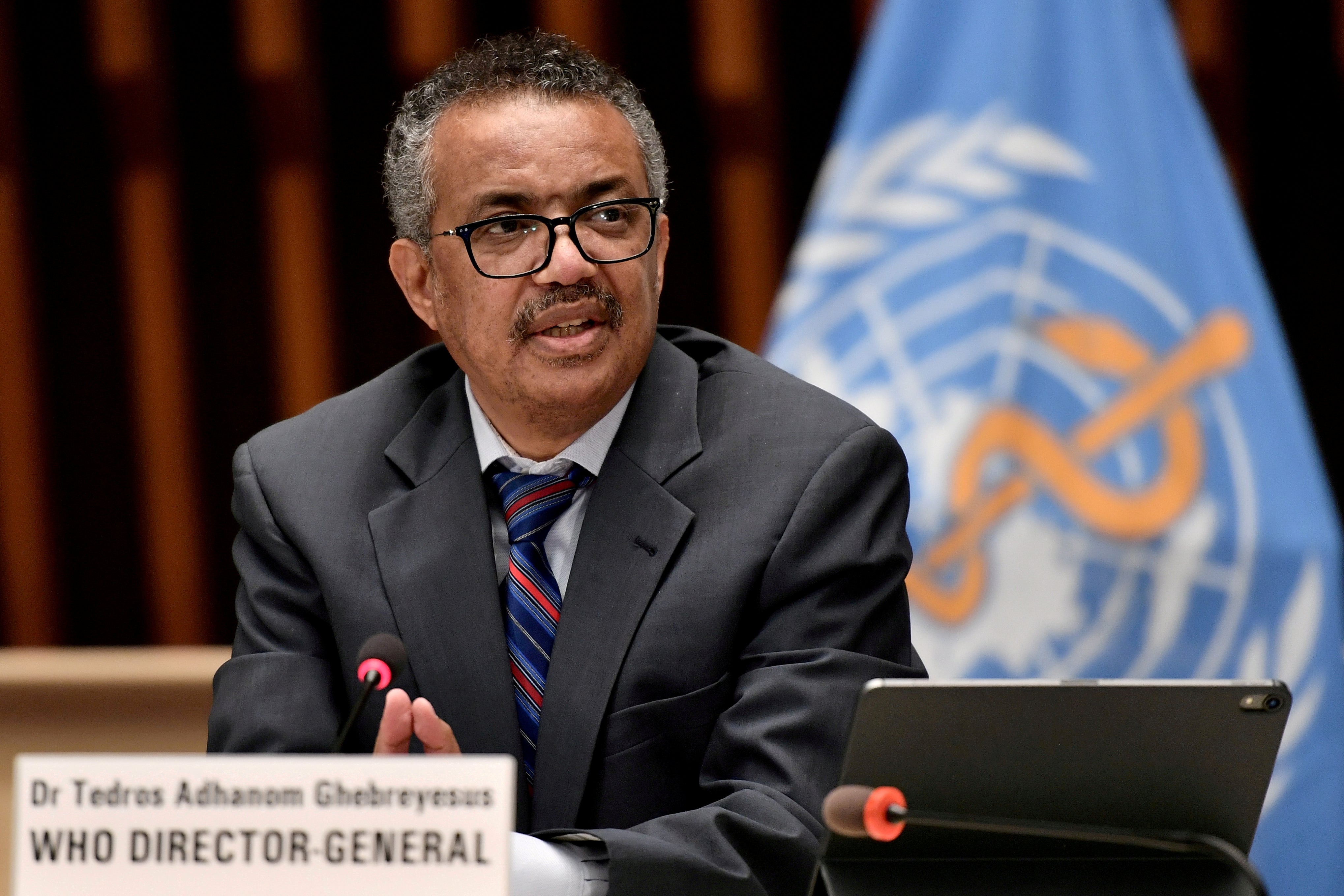 Tedros Adhanom Ghebreyesus, the director-general of the World Health Organization, is shown at a press conference in Geneva, Switzerland, on 3 July, 2020.