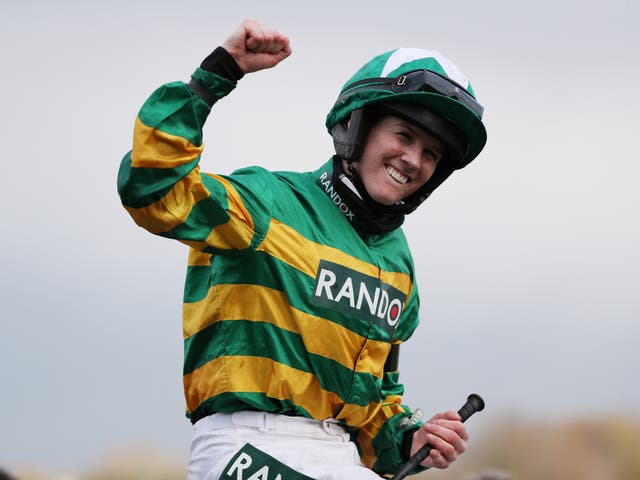 Rachael Blackmore celebrates winning the Grand National