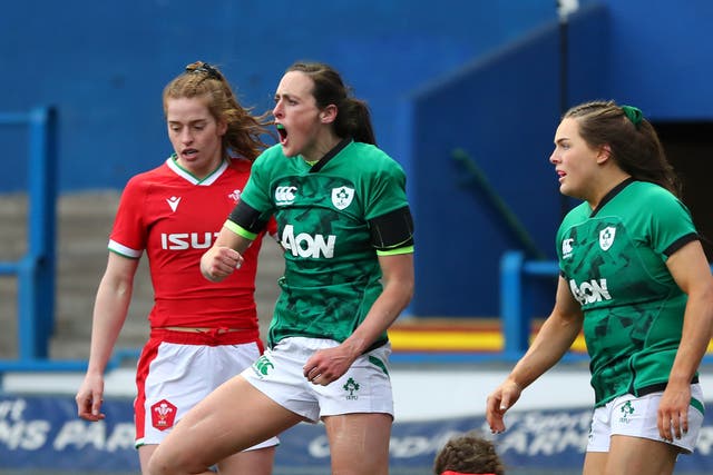 Hannah Tyrrell celebrates scoring Wales’ seventh try against Ireland