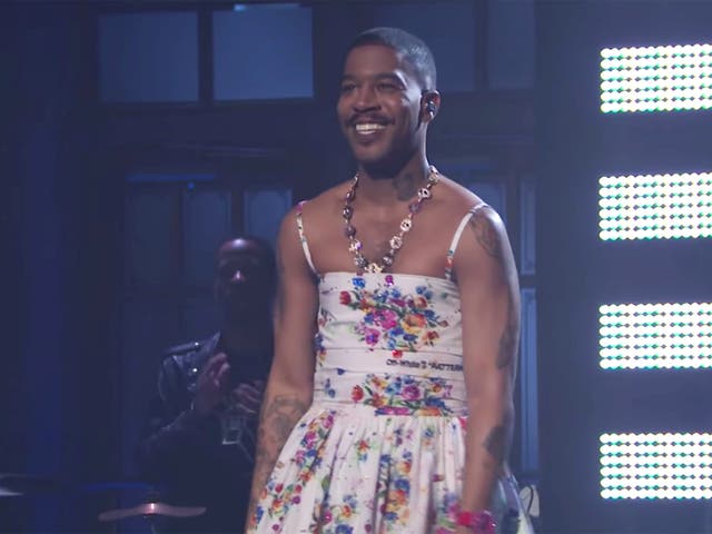 Kid Cudi wears a floral dress during his performance on Saturday Night Live