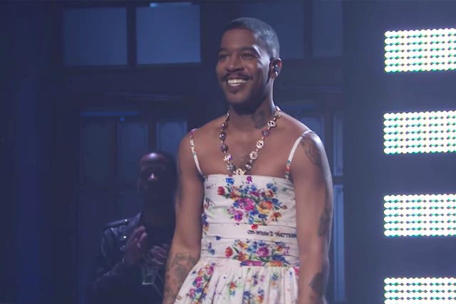 Kid Cudi wears a floral dress during his performance on Saturday Night Live