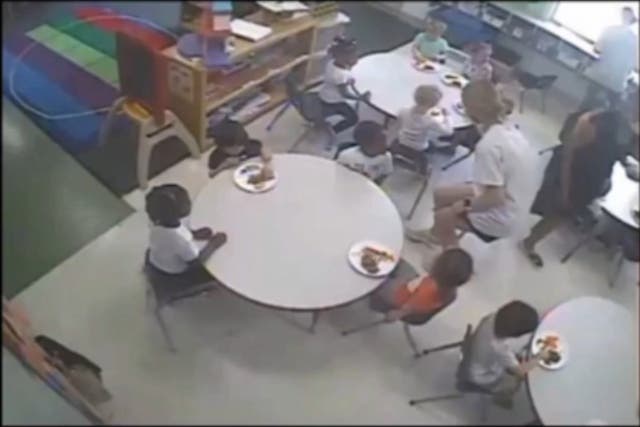 <p>A screenshot of a live-stream video of Kids ‘R’ Kids, a daycare franchise in Roswell, Georgia, which reportedly shows white children being fed whilst black children wait</p>
