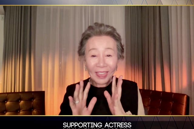 Yuh-Jung Youn accepting the award for Supporting Actress
