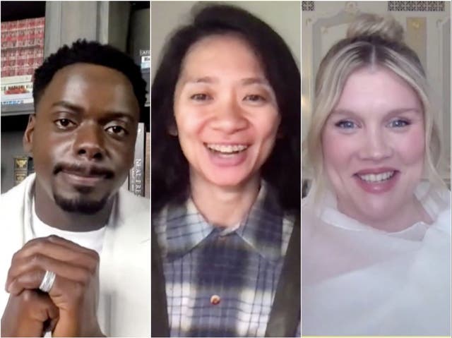 Daniel Kaluuya, Chloe Zhao and Emerald Fennell accepting awards during the 2021 Baftas