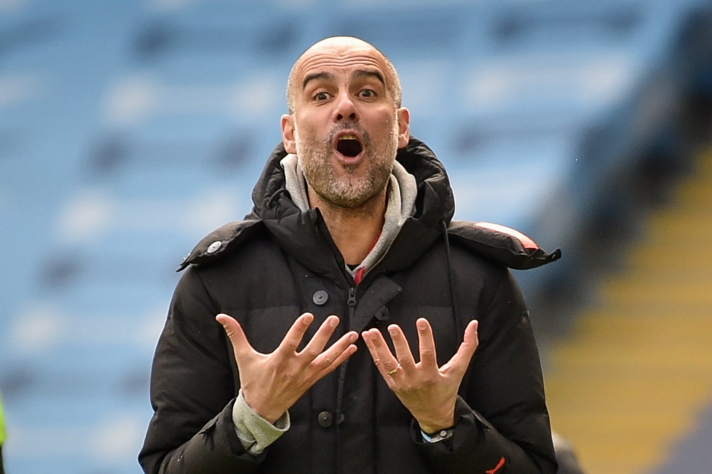 Pep Guardiola reacts during City’s defeat by Leeds