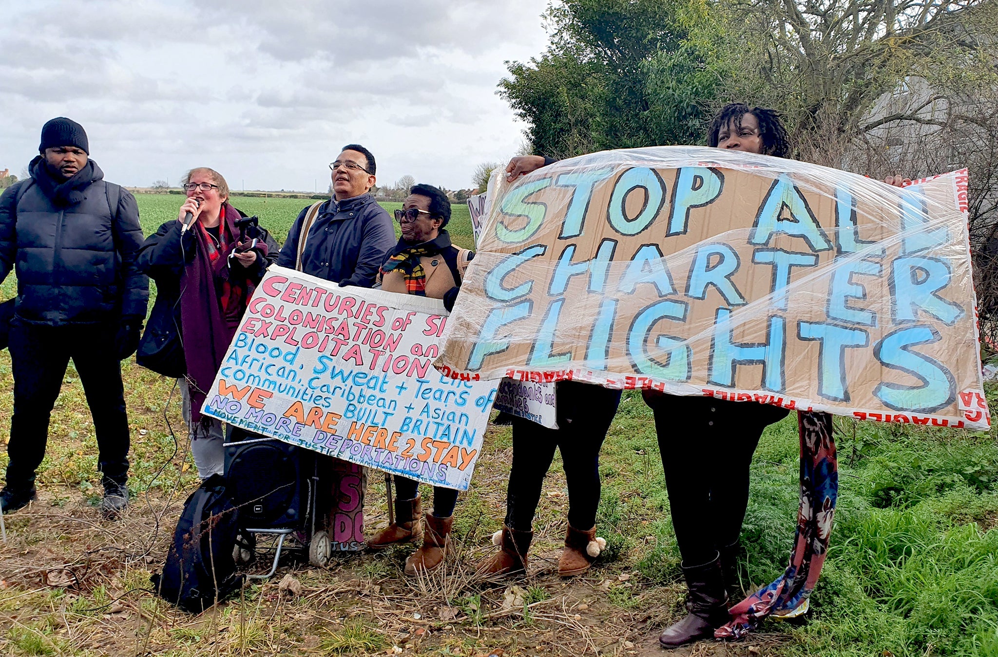 Protesters from Movement for Justice demanding an end to the use of charter flights outside the Colnbrook Immigration Removal Centre in February 2020