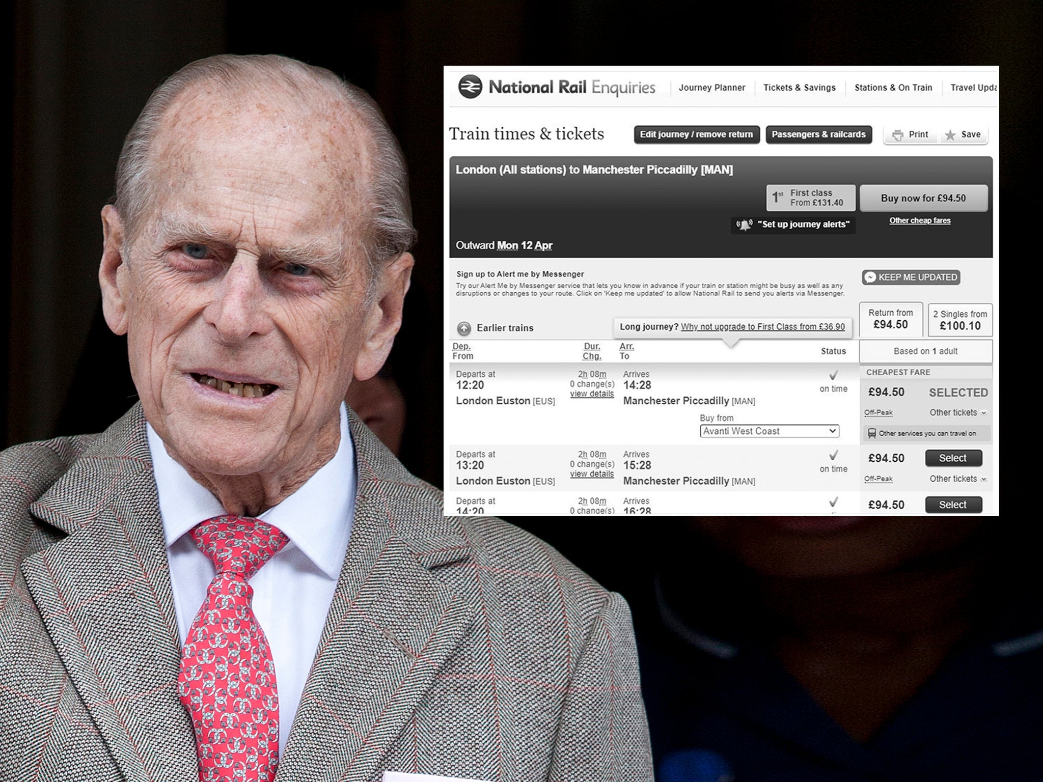 National Rail Enquiries website showing respect for Prince Philip