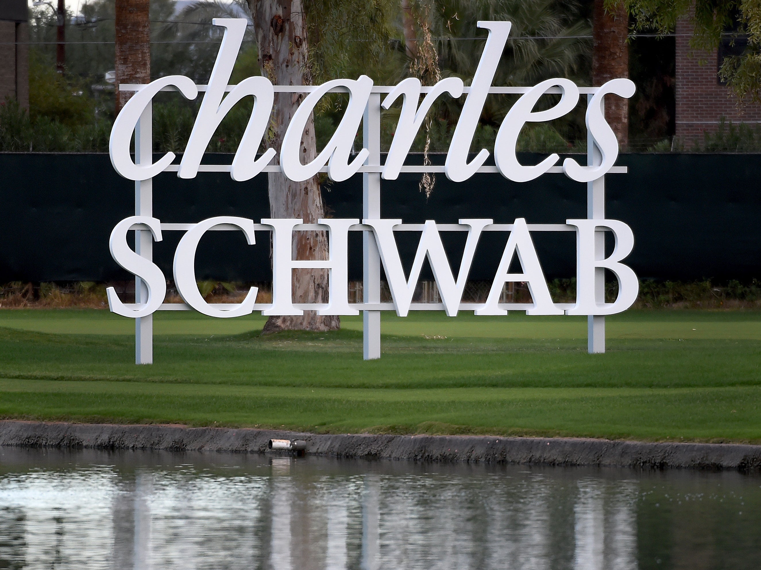 A sign is shown during the final round of the Charles Schwab Cup Championship at the Phoenix Country Club on November 08, 2020.