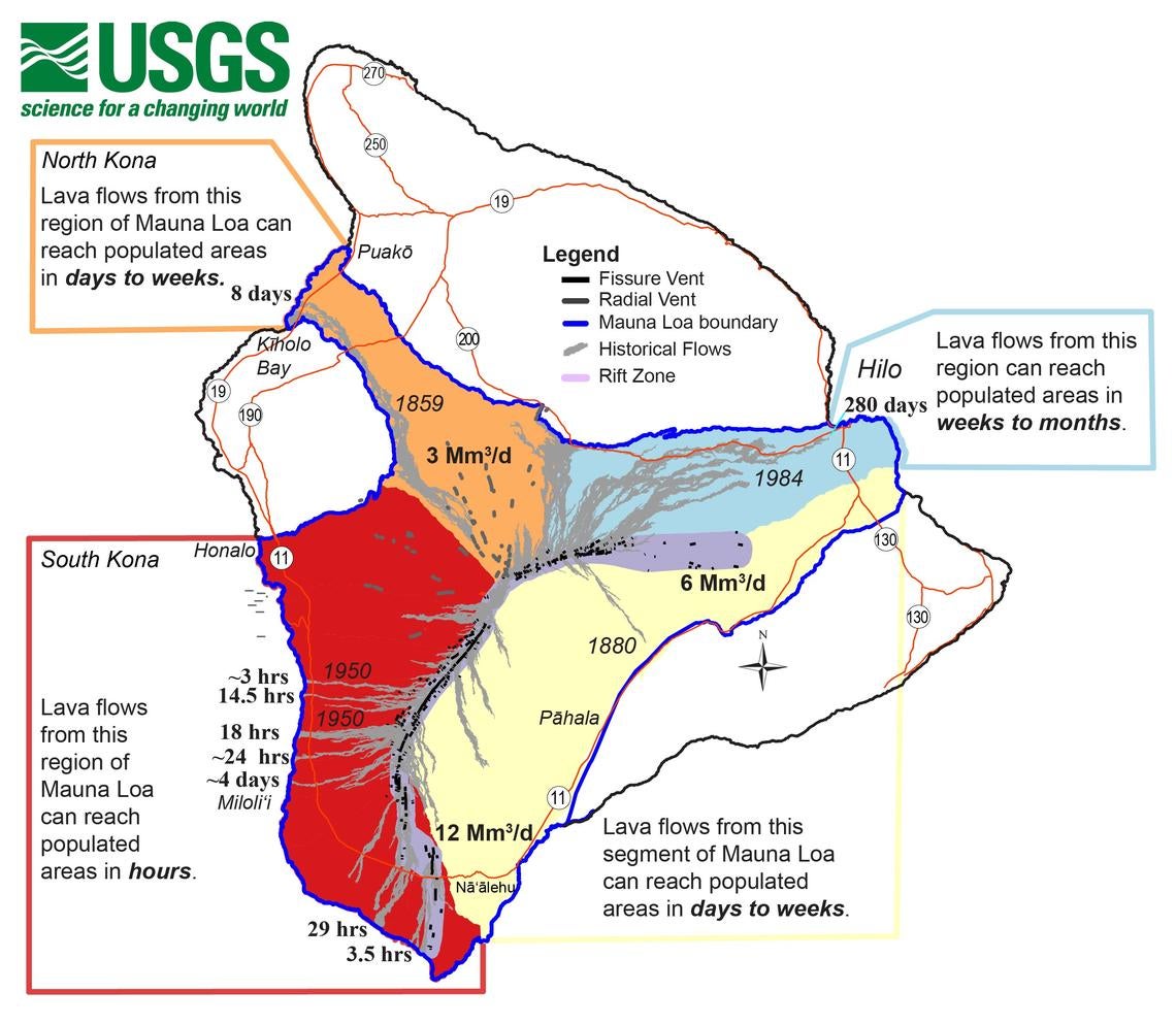 A lava flow map of Mauna Loa on Hawaii’s Big Island prepared by the US Geological Survey