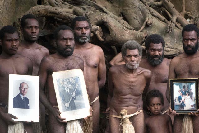 Tribesmen holding portraits of Britain’s Prince Philip in the town of Yaohnanen, near the town of Yakel, a remote Pacific village on the island of Tanna