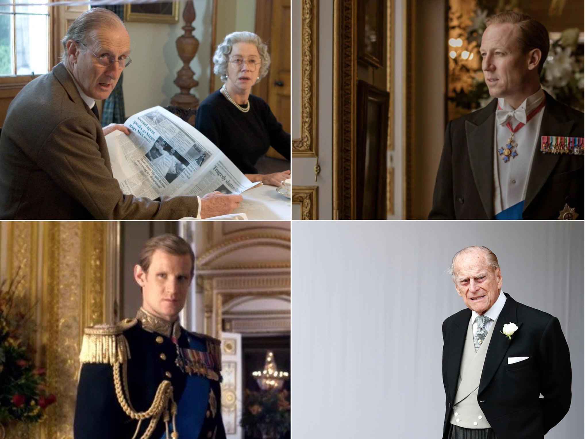 Clockwise from top left: James Cromwell, Tobias Menzies, Prince Philip and Matt Smith
