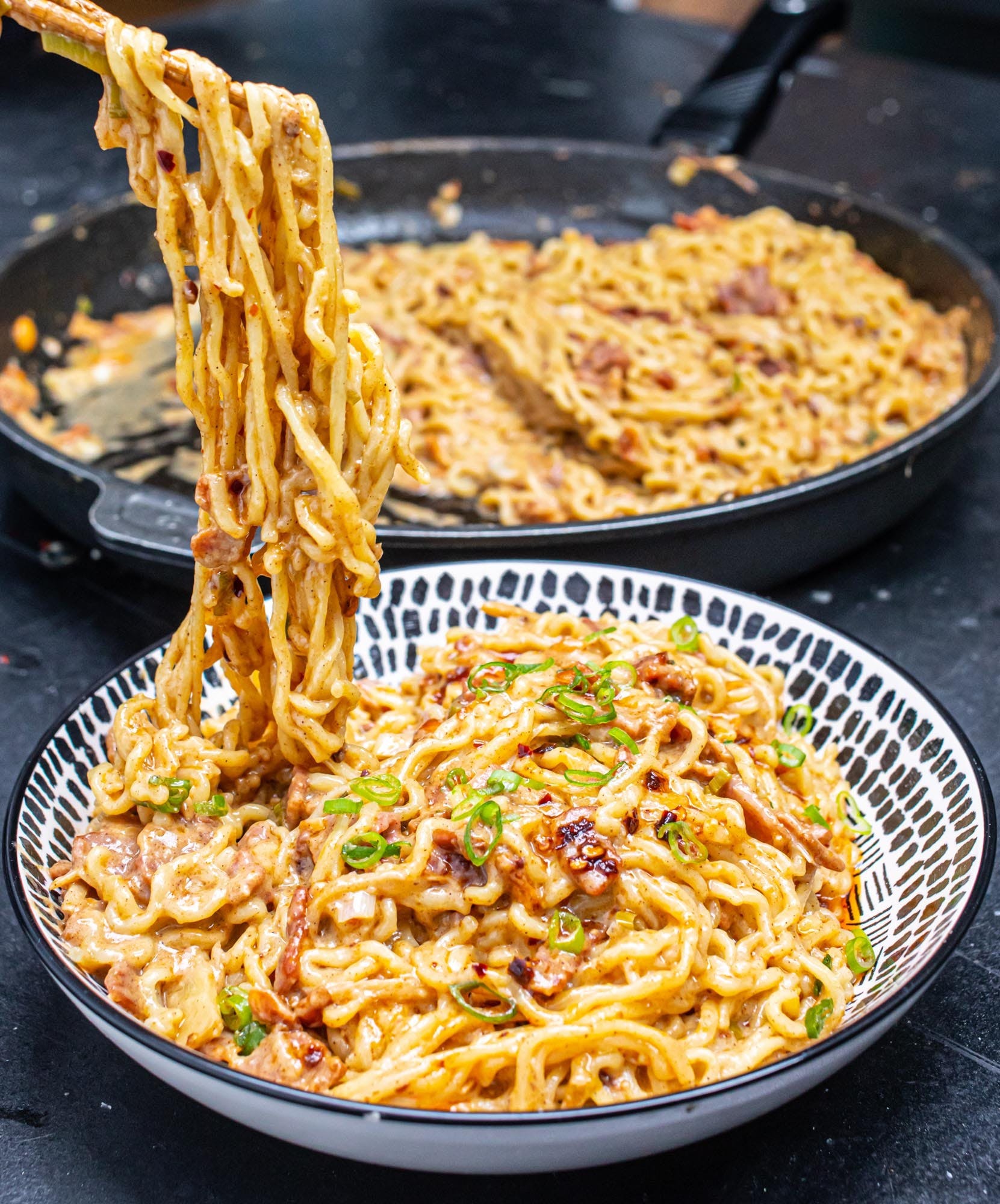 These bacony noodles are not only flavourful, they make you feel like your adulting