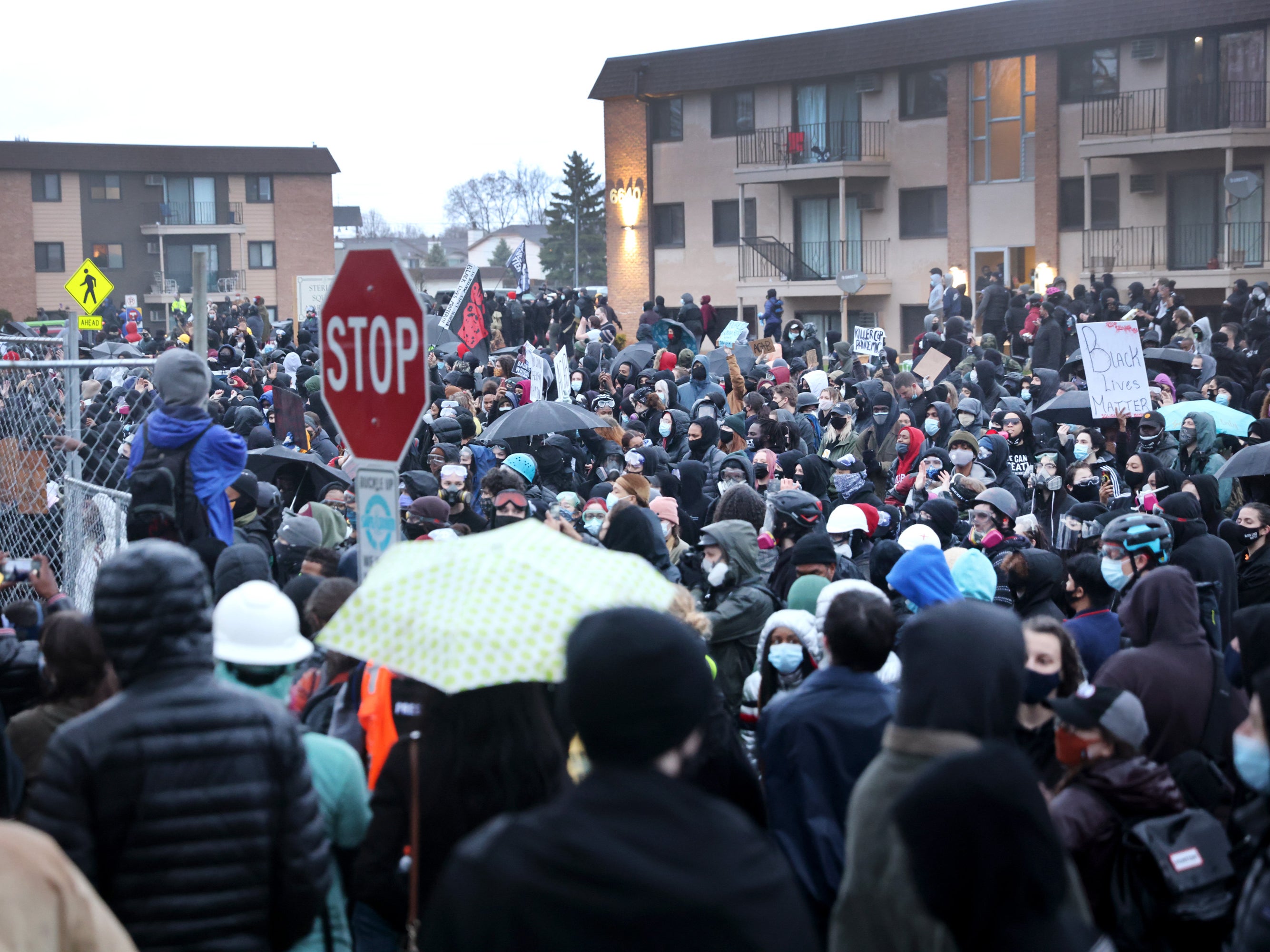 Demonstrators face off with police outside of the Brooklyn Center police station on April 12, 2021 in Brooklyn Center, Minnesota. 