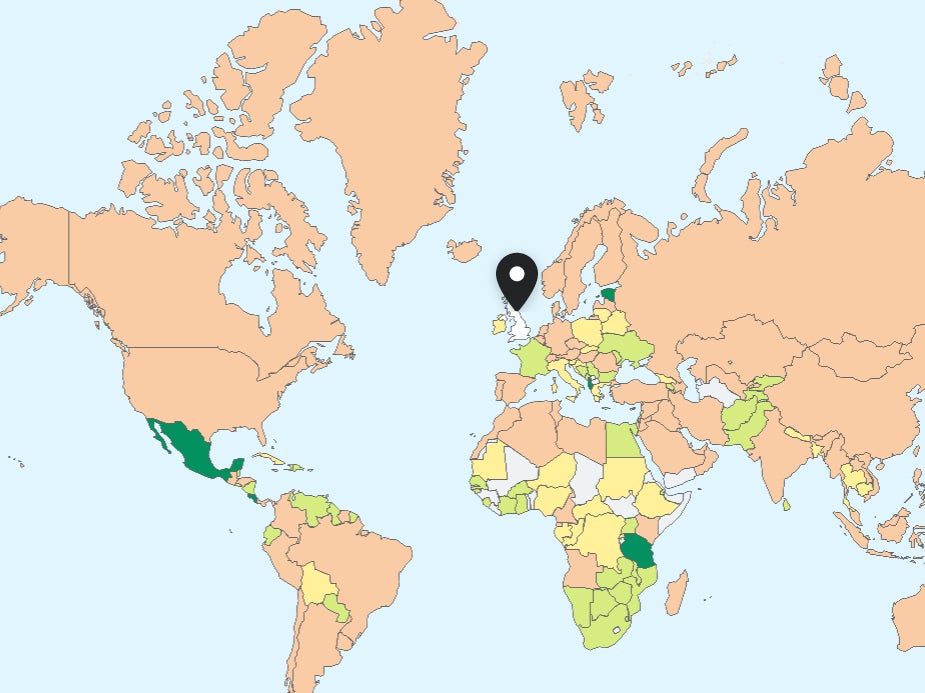 Map highlights different travel restrictions