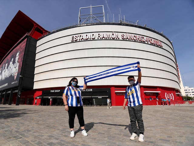 Porto fans await kick-off in Seville, where the second leg against Chelsea will be held