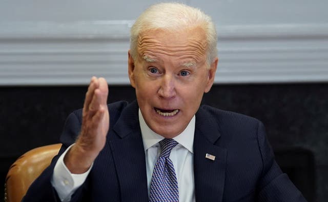 Joe Biden speaks as he participates in the virtual CEO Summit on Semiconductor and Supply Chain Resilience from the Roosevelt Room at the White House in Washington
