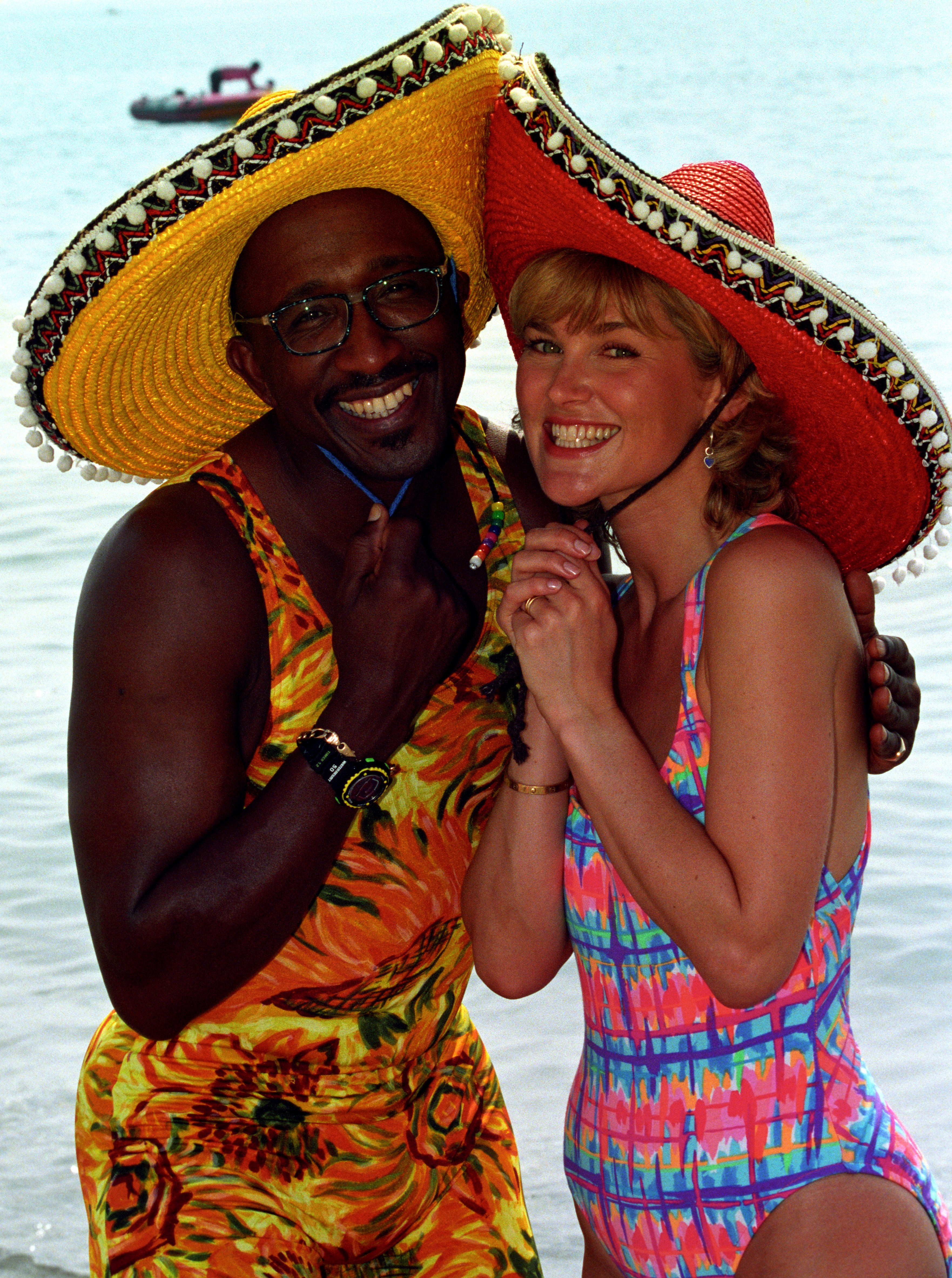 GMTV's Mr Motivator and Anthea Turner getting into the holiday spirit on the beach at Torremolinos in 1994