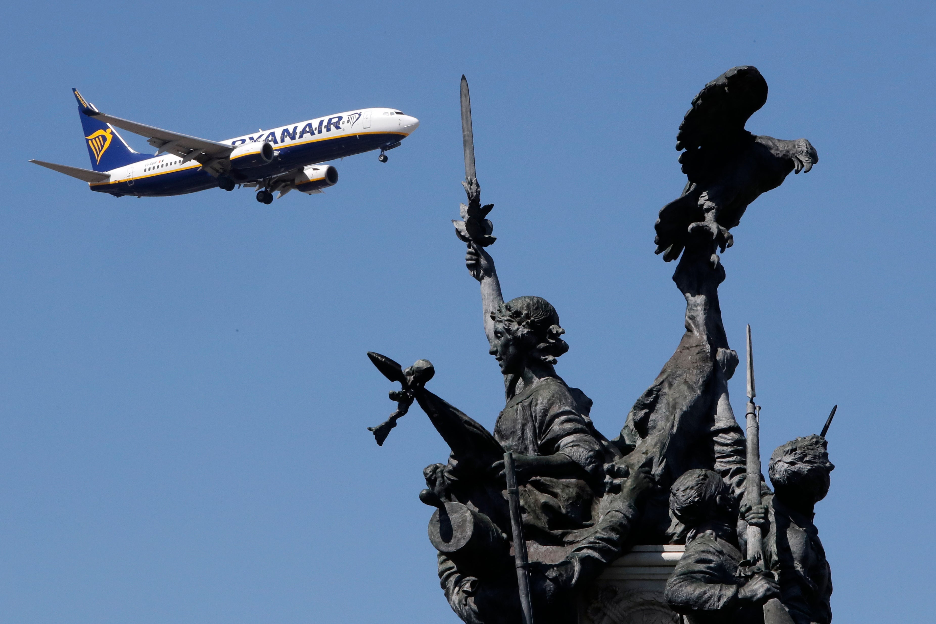 A Ryanair airplane approaching Lisbon airport