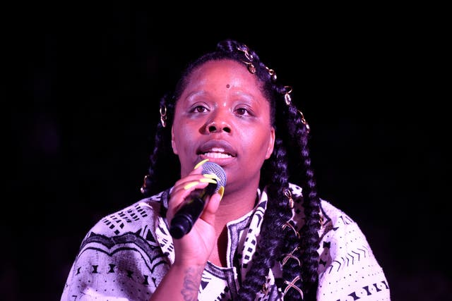 <p>Patrisse Cullors speaks at her Thesis Solo Show on 18 April 2019 in Los Angeles, California.</p>