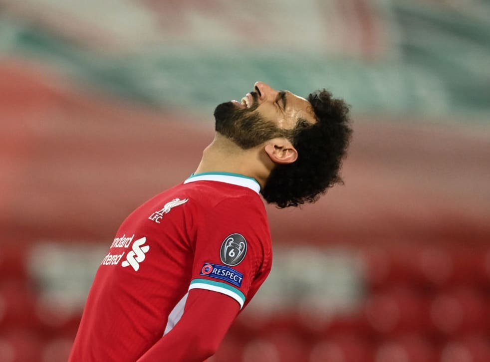 <p>Mohamed Salah reacts during Liverpool’s defeat</p>