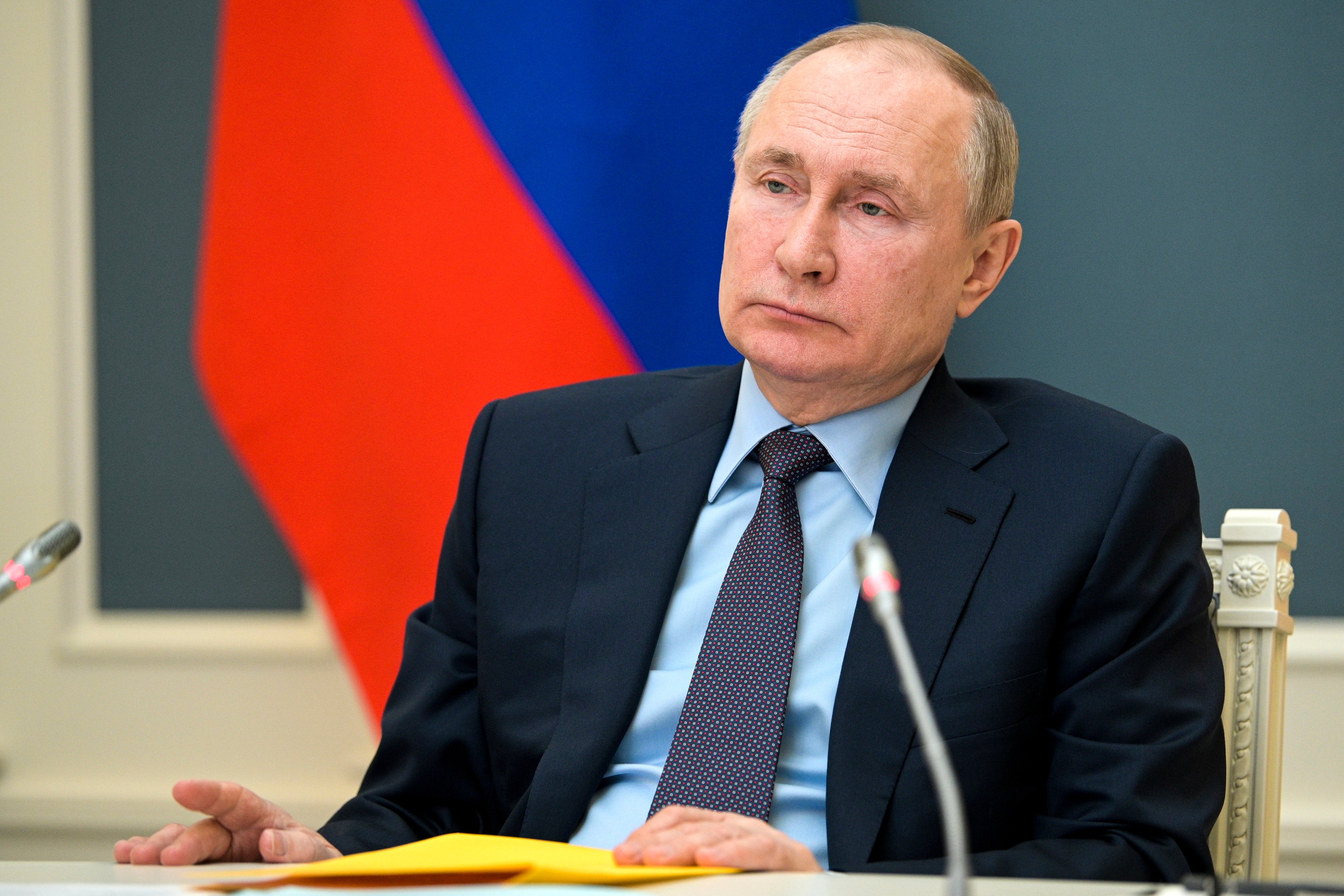 Vladimir Putin attends a session of the Russian Geographical Society in Moscow, Russia on 14 April 2021.