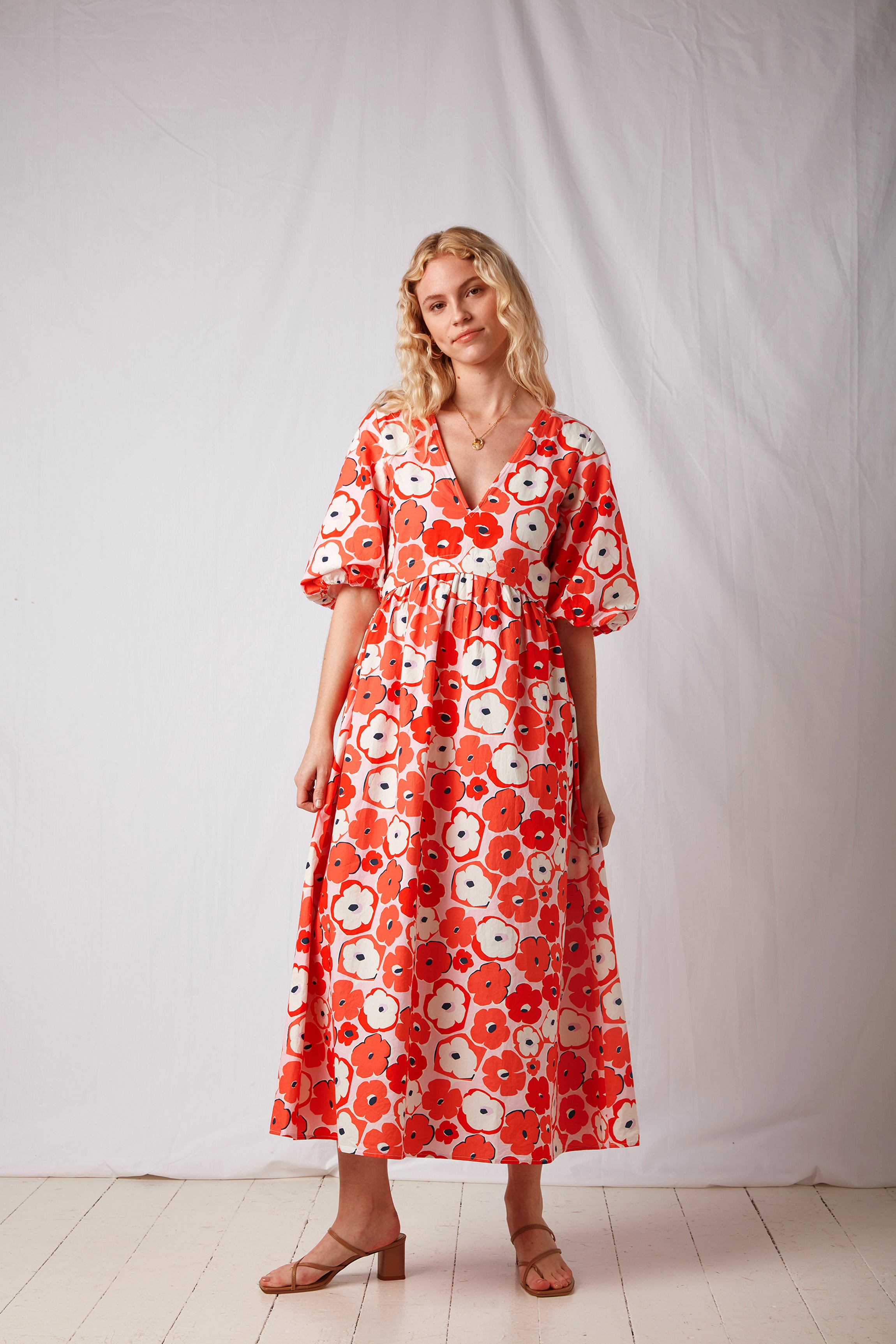 Omnes BCI Cotton Puff Sleeve Midi Smock Dress in Poppy Print, ?75