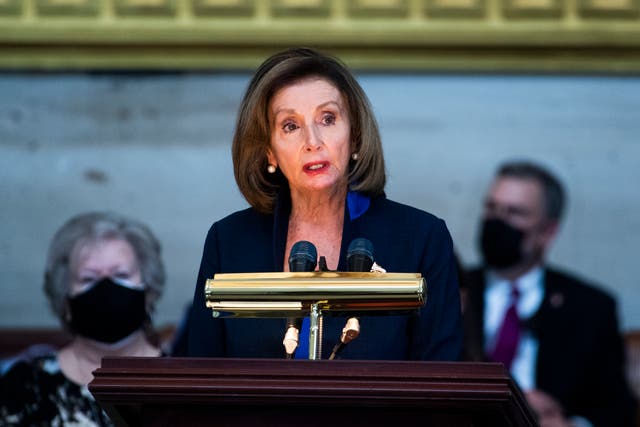 Nancy Pelosi speaks during the service for US Capitol Officer William Evans on 13 April, 2021 in Washington, DC.