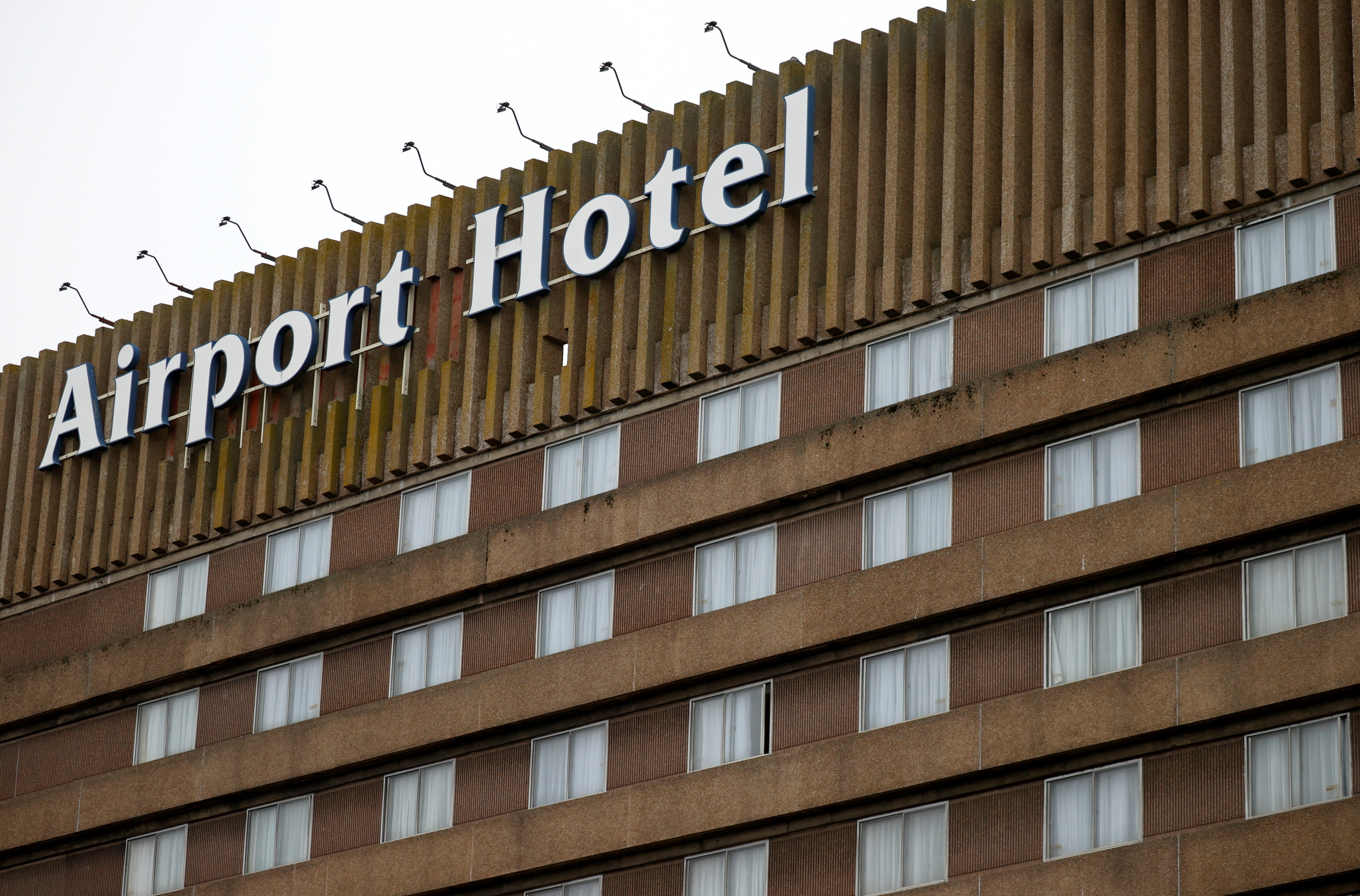 Signage is seen on a hotel near Manchester Airport