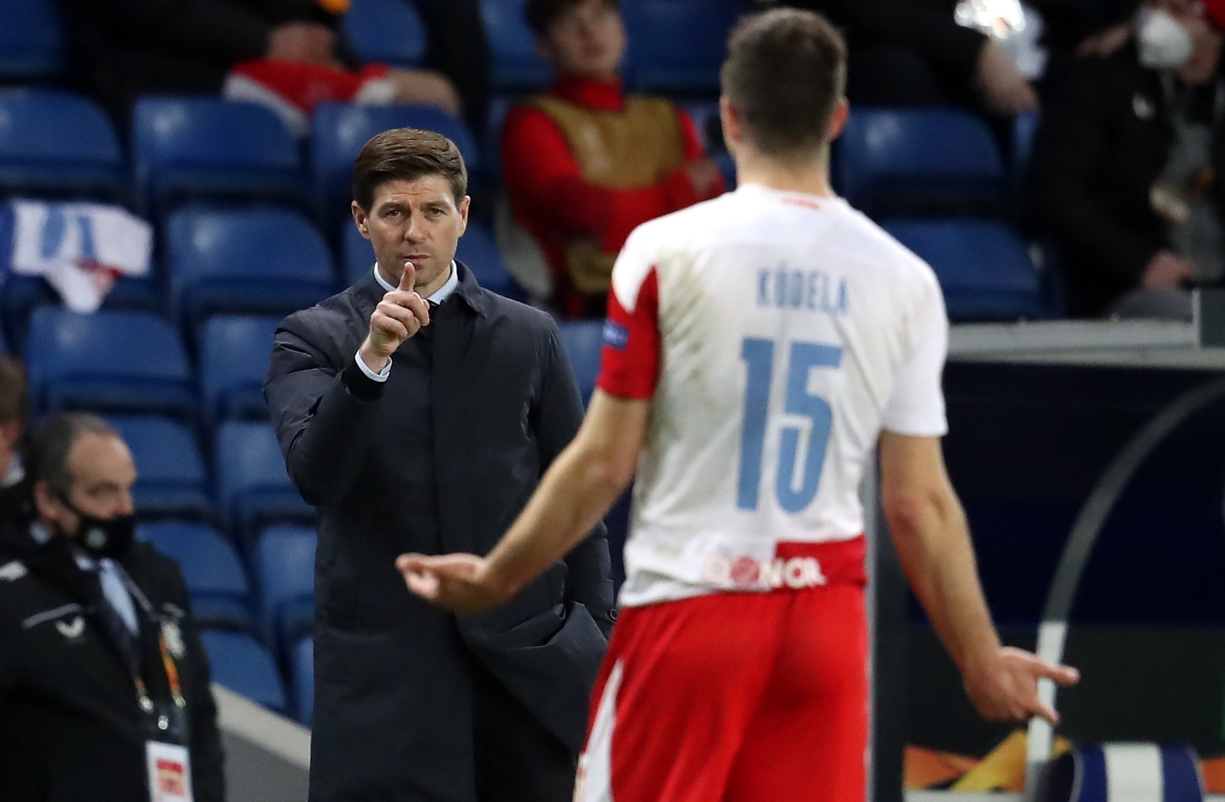 Rangers manager Steven Gerrard gestures towards Ondrej Kudela