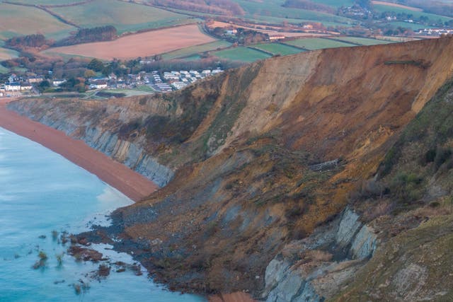 An aerial view of a cliff fall on 14 April in Seatown. The 4,000-ton rockfall blocked off the beach