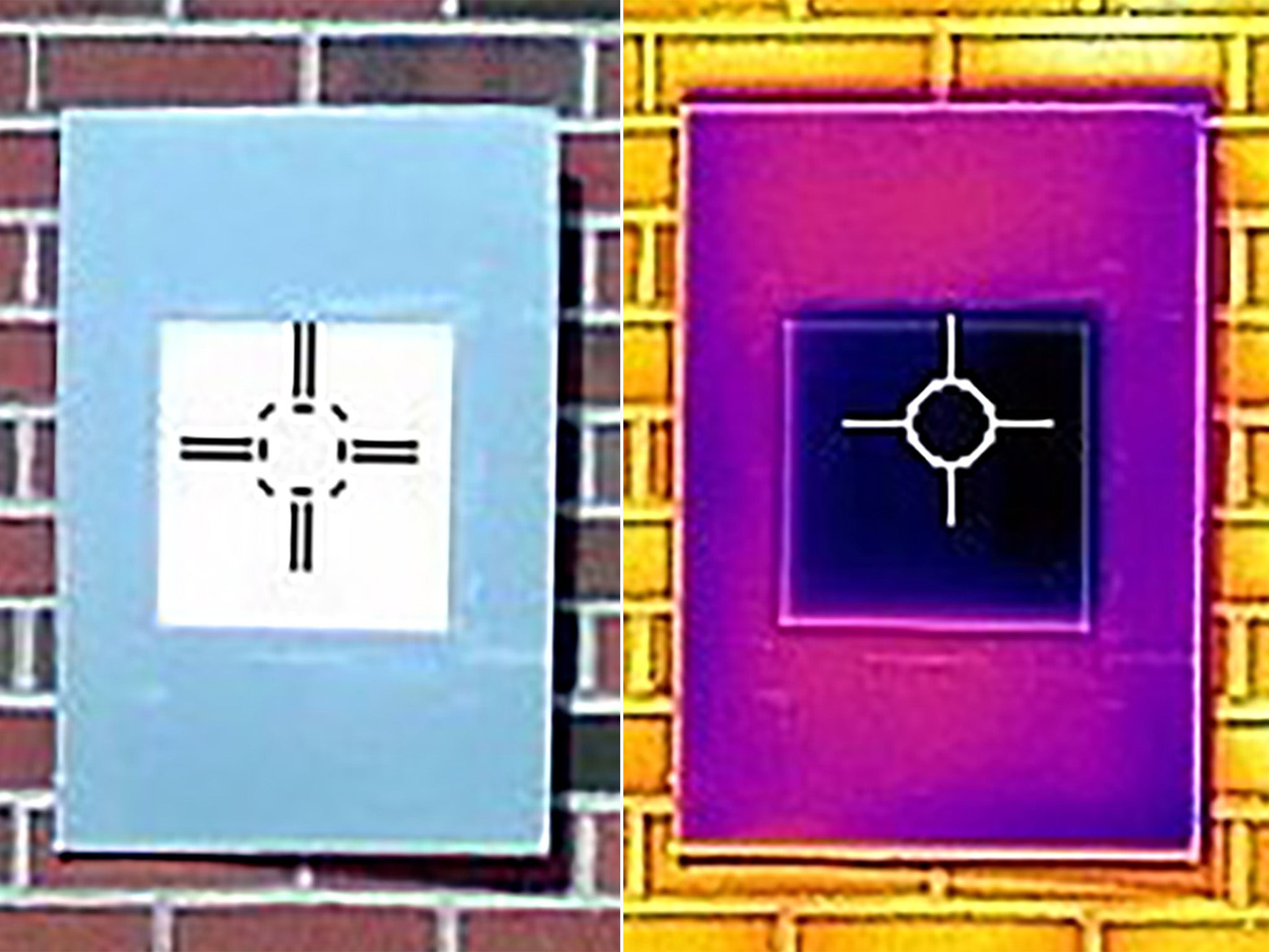 An infrared image (R) shows how the paint cools a surface below ambient temperature