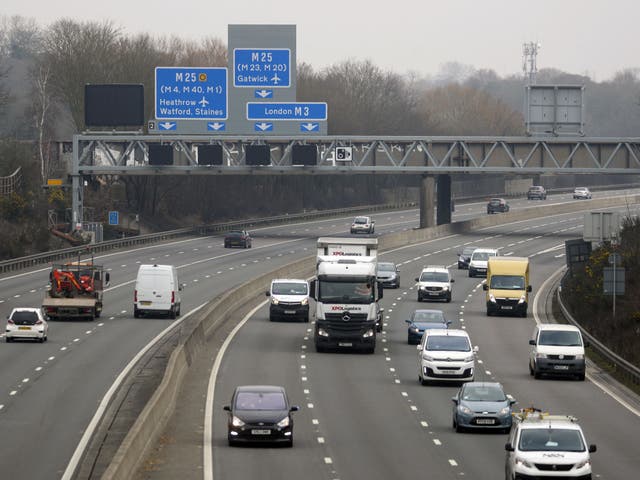 <p>The M3 smart motorway near Longcross in Surrey. The motorways have no hard shoulder for emergencies, and use technology to close off lanes</p>