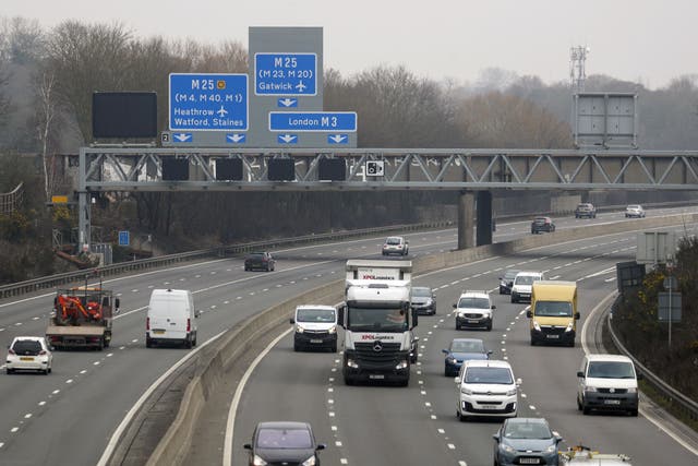 <p>The M3 smart motorway near Longcross in Surrey. The motorways have no hard shoulder for emergencies, and use technology to close off lanes</p>